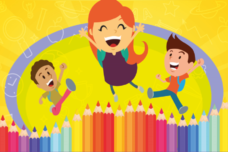 Dos niños y una niña felices encima de lápices de colores