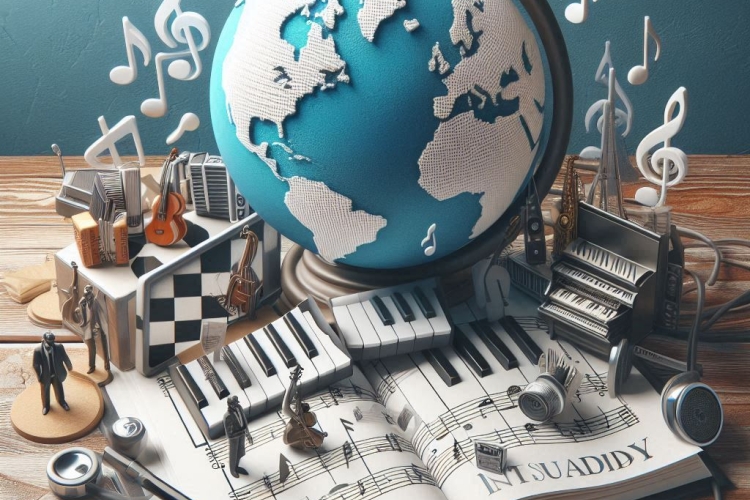 Planeta rodeado de figuras musicales y teclado de piano