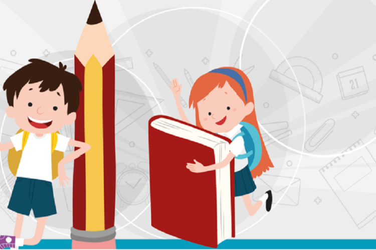 Un niño con un lápiz gigante y una niña con un libro gigante
