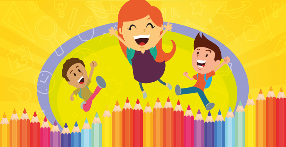 Dos niños y una niña felices encima de lápices de colores